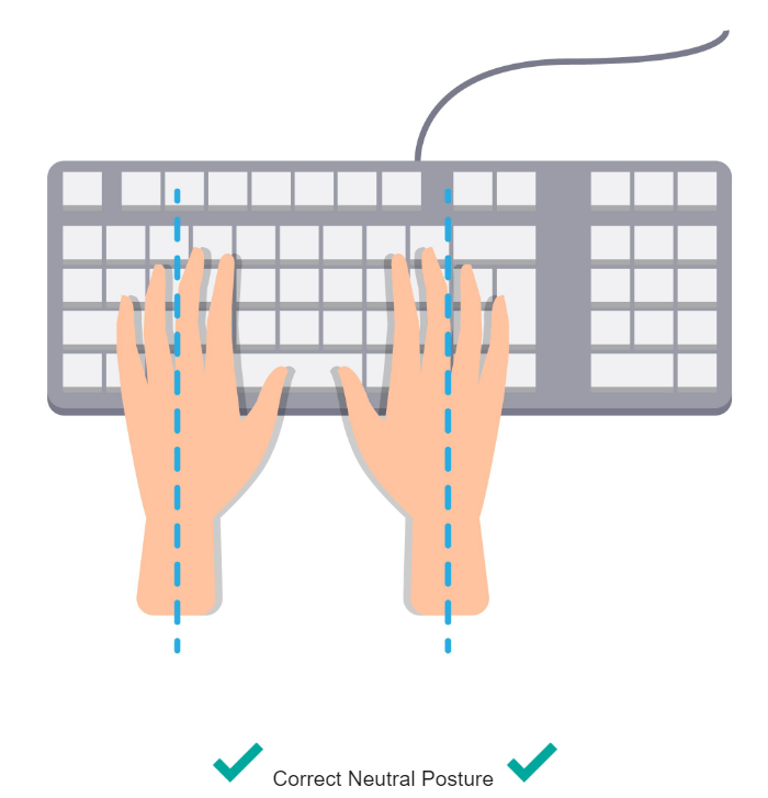 Illustration des mains sur un clavier, quand les poignets sont droits, c'est une bonne posture